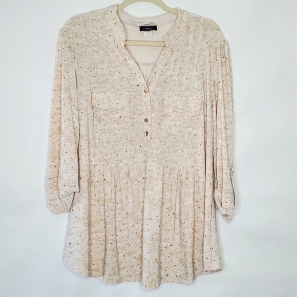 Cocomo Woman Embroidered Sequin Top Size 1X Cream Stretch Tunic with Pockets - Picture 1 of 11